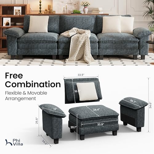 Image of PHI VILLA Modern Modular Couches Sets, 123.6 inch Cloud Sectional Sofa with Upholstered Deep Seat, 3-Seater Couch for Living Room Small Spaces, Chenille Fabric, Dark Cyan