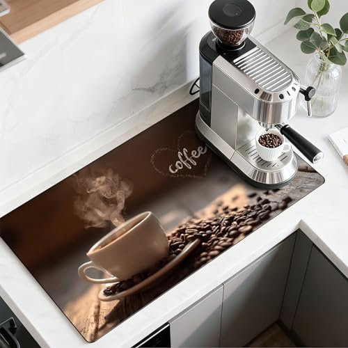 BVBOX 17" x 32" Coffee Bar Mat, Absorbent Dish Drying Mat Cuttable Hide Stain Draining Table Pad for Kitchen Counter, Coffee Bar Accessories (17"x 32", Steaming Coffee Cup)