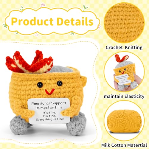 Image of Keyrose Emotional Support Dumpster Fire Crochet Doll, a Cute Funny Handmade Desk Accessories Office Decor, Birthday Gifts for Women Men with Positive Card(Yellow)