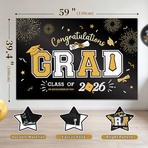 Image of Party Spot！2026 Graduation Party Decorations-Class of 2026 Backdrop,Gold and Black Graduation Party Decoration Set,Congrats Grad Banner,Hanging Swirl & Honeycomb Party Decor for Graduation