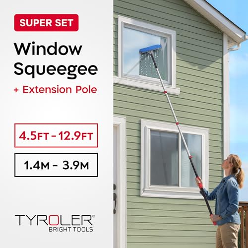 Image of 20 Feet High Reach Professional Window Squeegee with Extension Pole 5-13ft | | Squeegee for Window Cleaning Kit | Outdoor Window Cleaner Tool | Windows Washing Kit with Extension Pole