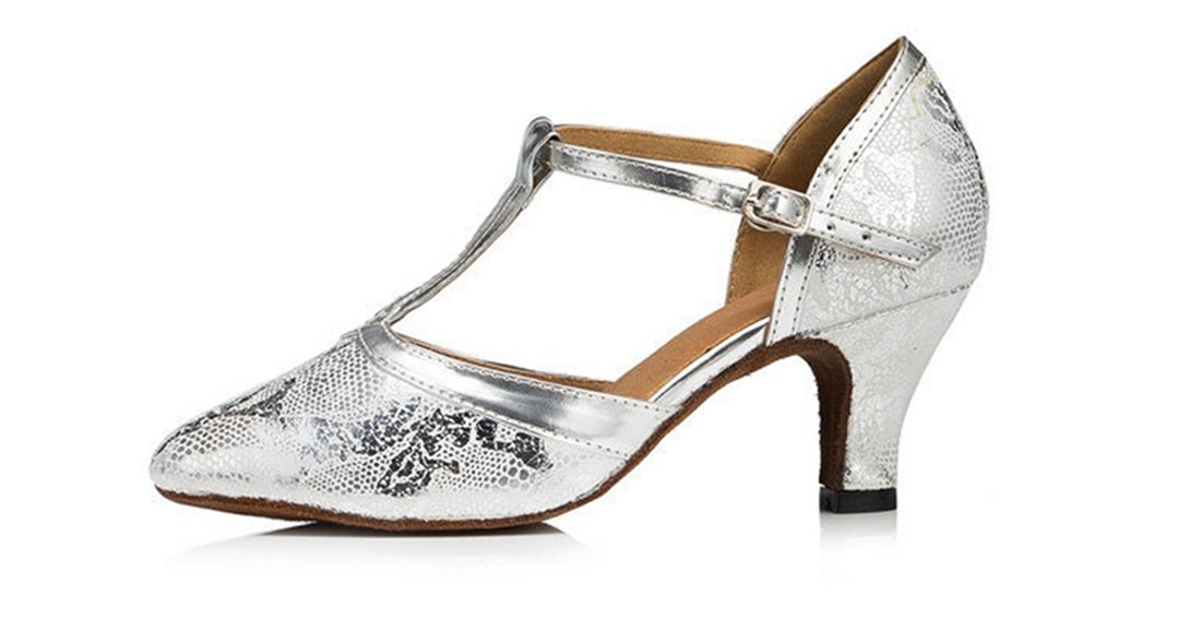 TDA Womens Closed Toe T-Strap Synthetic Silver Latin Modern Salsa Tango Ballroom Wedding Dance Shoes 6.5 M US