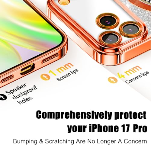 Image of Misscase for iPhone 17 Pro Magnetic Glitter Case Compatible with MagSafe,Full Protection Slim Shockproof Anti-Scratch Case with Camera Lens Protector Plating Bling Dust-Proof Net Orange
