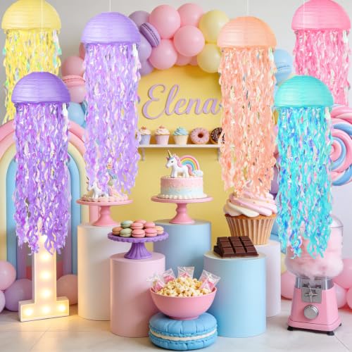 Image of Jellyfish Paper Lanterns 6 Pacs Under The Sea Party Decorations Mermaid Party Baby Shower Decorations Blue Hanging Jelly Fish for Ocean Spongebob Birthday Party Decorations (Macaron)