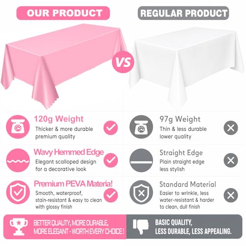 Image of NatNarr 3 Pcs Plastic Pink Tablecloths, Scalloped Rectangle Table Cloths