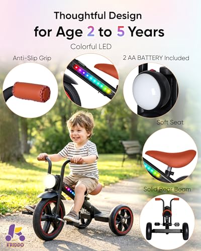 Image of KRIDDO Kids Tricycle, 12 Inch Puncture Free Wheel w Front Light, Adjustable Seat Height, Gift for 2-5 Year Olds, BlackLED