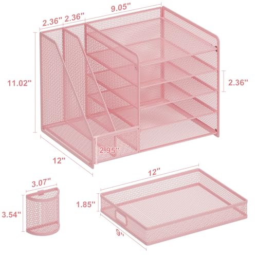 Image of Marbrasse Desk Organizer with File Holder, 5-Tier Paper Letter Tray Organizer with Drawer and 2 Pen Holder, Mesh Desktop Organizer and Storage with Magazine Holder for Office Supplies(Pink)