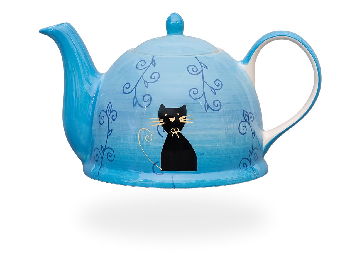 Teekanne 1,5l aus Keramik mit Stövchen aus Metall für 1-3 Kerzen, Blau mit schwarzer Katze, Geschenkidee für Katzenliebhaber, handbemalt