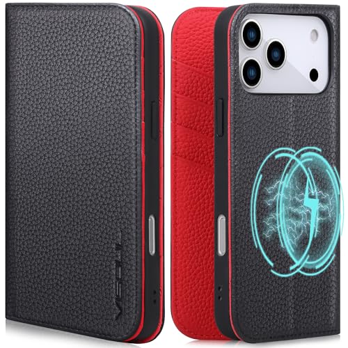 VISOUL Genuine Leather Wallet Case for iPhone 17 Pro Max 6.9-inch 5G 2025, RFID Blocking, Magnetic, Wireless Charging, 4 Card Holders, Kickstand, Shockproof TPU Shell, Protective-Black+Red