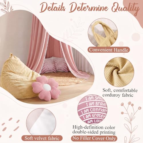 Image of 5 Pcs Reading Nook Set for Kids, Kids Reading Corner Decor with Bean Bag Chair Cover & Throw Pillow Cover(No Filler) Canopy and Flower Pillow for Bedroom Playroom Nursery(Pink)