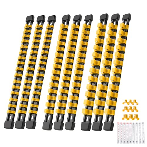 Image of Reniteco 9-Pack Socket Organizer Set, 1 /4 inch x 48 3 /8 inch x 45 1 /2 inch x 36 Clips | 129 Clip Capacity, Havy-Duty ABS Socket Rails, Removable Clips, Drive Socket Storage, Toolbox Drawer or Wall Mount
