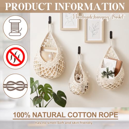 Image of Honeydak 3 Hanging Baskets, White, Crochet, Cotton Rope