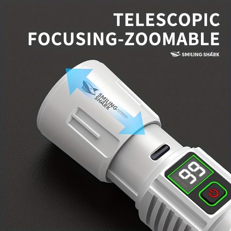 Image of Portable Zoomable Flashlight with HookRechargeable LED Flashlight with Digital Battery Display - USB Charging Emergency Torch Light - Portable Outdoor Camping (Pack of 1)