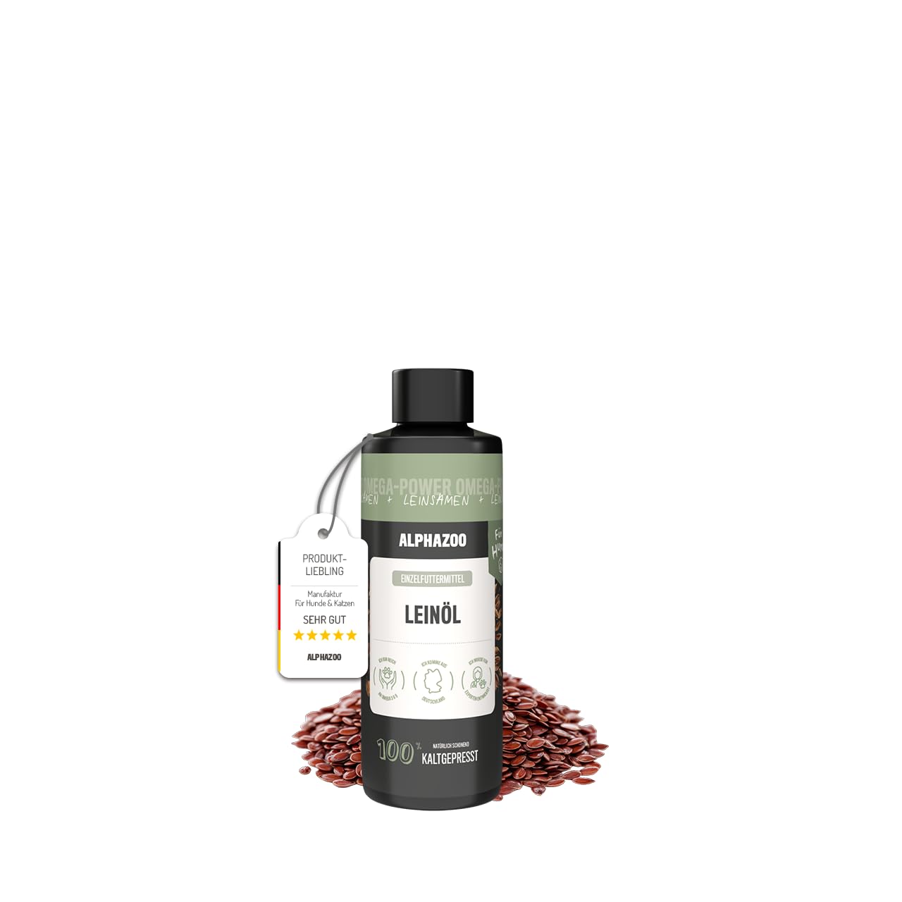 alphazoo Premium Leinöl für Hunde 100ml – Kaltgepresstes Omega‑3 & Omega‑6 Hundefettöl zur Fellpflege & Verdauungsförderung