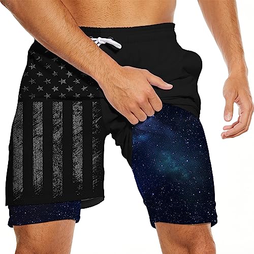 American Flag Mens Swim Trunks with Compression Liner Black Men Swimming Trunks Board Shorts Swimwear 5 Inch Inseam