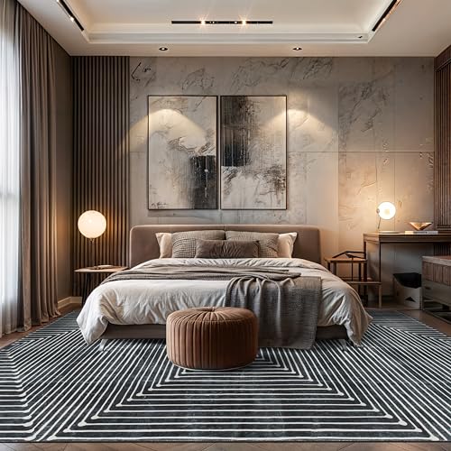 Rugshop Marbella Bohemian Stripes Washable Non Slip Area Rug 9'x12' Black