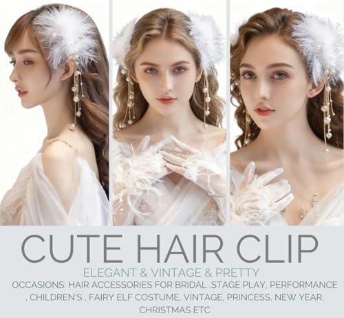 2 pinzas para cabello con plumas blancas y perlas miniatura 5