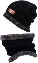 Fashion Frill Wool Caps Men with Neck Muffler Beanie Cap with Mufflers for Men Boys Woollen Caps for Men Mufflers for Unisex Black