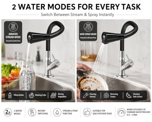 Image of ZAP Pluto Flexible Kitchen Sink Tap | Brass Body | 360 Swivel Swan Neck Faucet | Dual Flow Spray & Stream Modes | Flexible Silicone Spout | Chrome Finish | Cold Water Tap