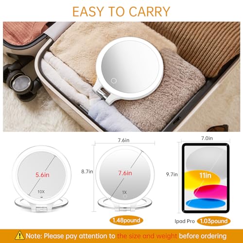 Rechargeable-Magnifying-Makeup-Mirror-10X1X-Double-Sided-Lighted-Travel-Makeup-Mirror-with-3-Color-Light-Adjustable-Rotation-LED-Vanity-Tabletop-Portable-Desk-Cosmetic-Foldable-Mirror-No-Bag