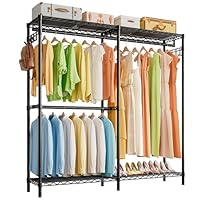 FTEYUET Clothes Rail L Shaped Clothing Rail, Heavy Duty Clothes Rails for Corner, Freestanding Clothes Rack with Adjustable Shelves & 3 Hanging Rods, 40x145x194 cm, Black