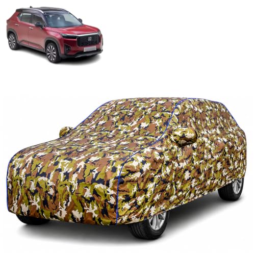 Image of Waterproof Car Body Cover for Honda Elevate with Mirror Pocket| Cotton Inner Lining | Triple Stitched | All Weather Protection | Dust, UV & Rain Proof (Camouflage with Blue Piping)