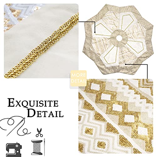 Valery Madelyn 48 Inch Elegant White Gold Octagon Large Christmas Tree Skirt Decorations With Embroidery Patchwork & Geometric Sequin Pattern, Holiday Party Christmas Tree Decor #TOP2