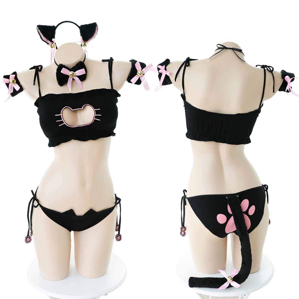 Sexy Cat Cosplay Lingerie Set Femmes Babydoll Nightwear Anime Kitten Costume Outfit Vêtements de Nuit sous-vêtements Bandeau + Haut + Culotte + Anneau de Cou + Bracelet + Queue détachable + Bas (san