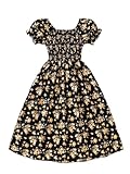 Verdusa Girl's Floral Puff Sleeve Midi Birthday Dress Shirred A Line Flowy Holiday Dresses Multicolor 13 Years