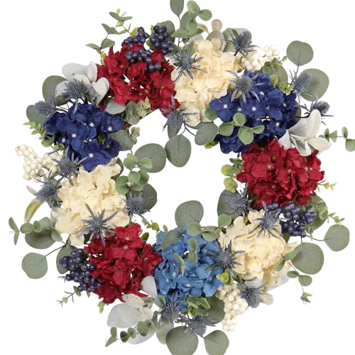 Quixem 22 Inch Patriotic Hydrangea Wreath for Front Door, UV Resistant Faux Berry Floral Waterproof, 4th of July Memorial Day Americana Summer to Fall Outdoor Décor