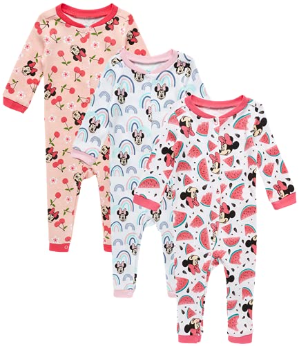 Disney Baby Mickey & Minnie Mouse Romper â€“ 3 Pack Footless Coveralls Pajamas (Newborn), Size 6-9 Months, Minnie Pink