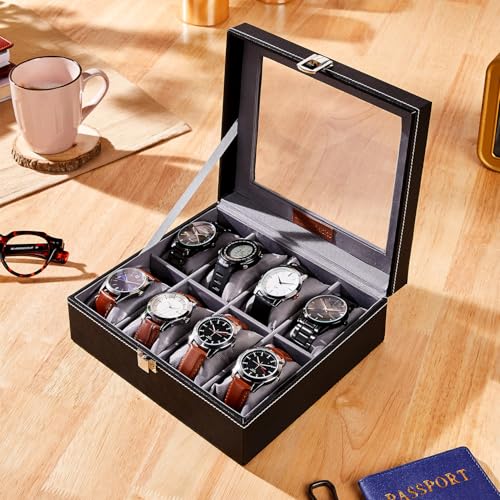 Image of Amazon Basics Unisex Faux Leather Watch Organiser Box with 8 Slots | Watch Organiser with Transparent Lid (Black)
