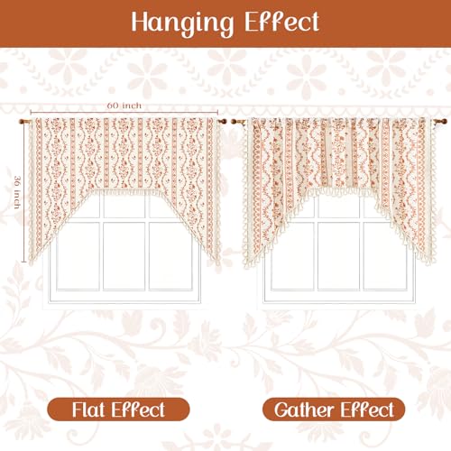 Image of Yinhua Boho Swag Valance Curtains Vintage Linen Valances for Windows Light Filtering Floral Kitchen Valance Rod Pocket Rustic Tassel Window Valances for Bathroom Cafe, 60 inch W x 36 inch L, White Orange