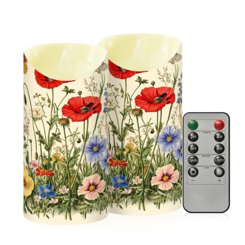 Ewusp Juego de 2 velas sin llama con diseño de mariposas y flores silvestres, funciona con pilas, con control remoto y temporizador, para decoración del hogar, bodas, vacaciones, fiestas, centros de