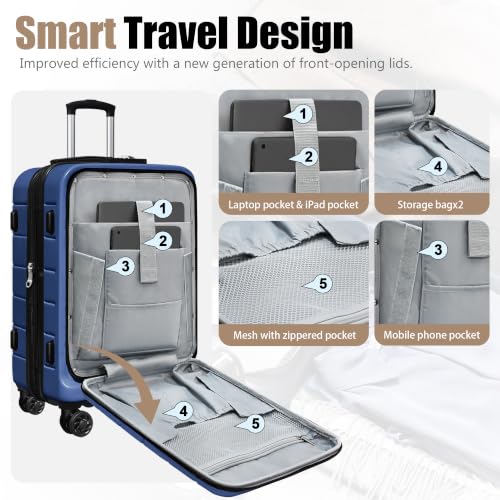 Image of KEYTANG SmileLine 3-Piece Luggage Set Lightweight Hardside Suitcase TSA Lock Spinner Wheels, 20 inch Expandable Carry-On Luggage with Quick Access Front Open Pocket, Bonus Makeup Bag,Navy Blue