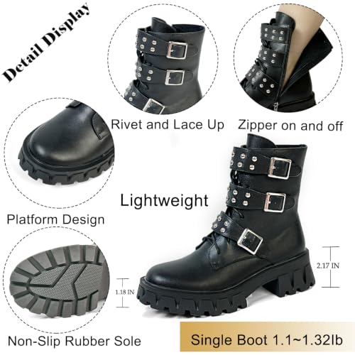 Image of MEOTINA Women Goth Boots Platform Chunky Heel Buckle Combat Ankle Booties | Edgy alt goth punk rave aesthetic for dress styling, rivets, lace up ,zip and lug sole design, black and white colors