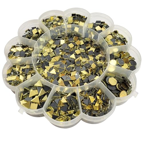 INDIKONB Craft Mirror Beads Set with Storage Box | Glass Pieces for Lippan Art, Crafts, and Jewelry Making - Combo Set of 12 Shapes, 4-11mm (Gold)