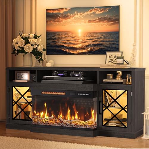 Image of BREEZEHEAT Fireplace TV Stand for TVs up to 75 inch, 3-Sided Electric Entertainment Center with 30 inch LED Fireplace, Media Console w /Storage Cabinet & Glass Doors, 65Inch, Black