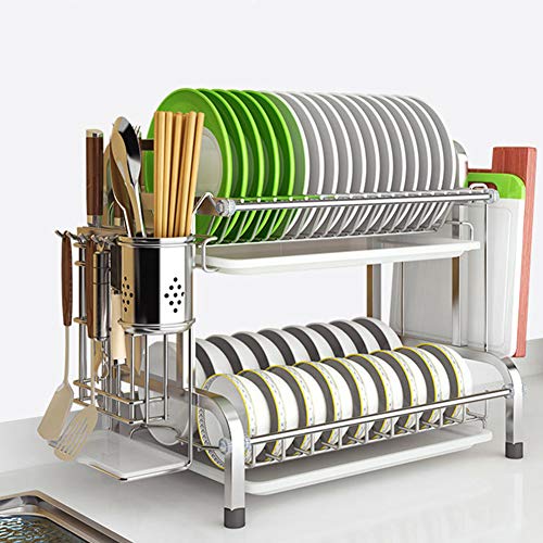 Escurreplatos Para Muebles de Cocina,2-Tier Acero Inoxidable Soportes para Platos Dish Drainer Rack Holder Organización Estante con Bandeja de Goteo, para Utensilios