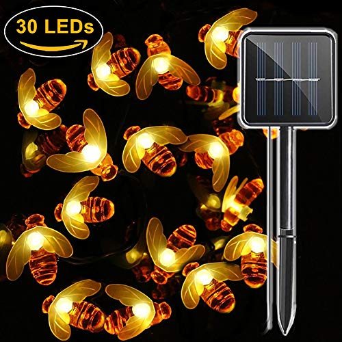 30 LED Funciona con energía solar abeja Luz al aire libre, Impermeable Hada Luces de cadena, Decoracion para Jardín, valla de flores, Patio, Césped, árboles, Fiesta, Hogar, Navidad (Blanco Cálido)