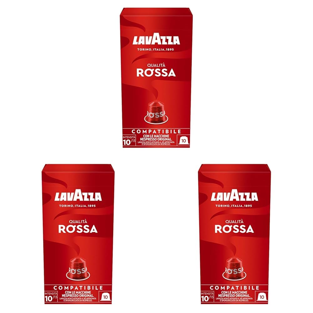 Lavazza Qualità Rossa, vollmundiger und ausgewogener Espresso, 10 Kapseln, Nespresso kompatibel (Packung mit 3)