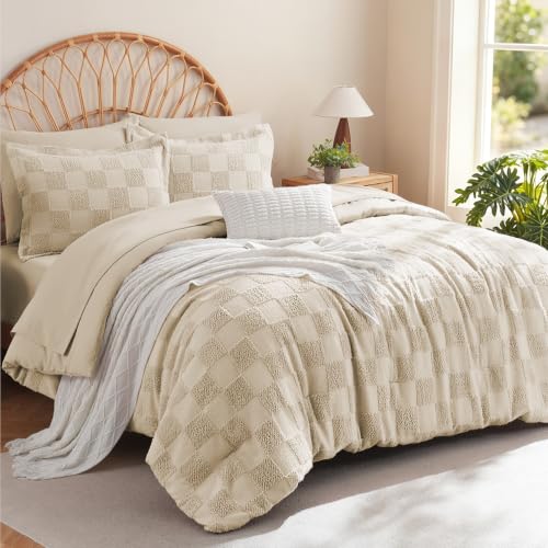 Image of MR&HM King Size Comforter Set 7 Pieces, Checkered Boho Tufted Bed Set Beige | Farmhouse Vintage Bed with Plaid Geometric Design, All-Season Bed in A Bag Comforter with Sheets, Pillow Shams & Pillowcases