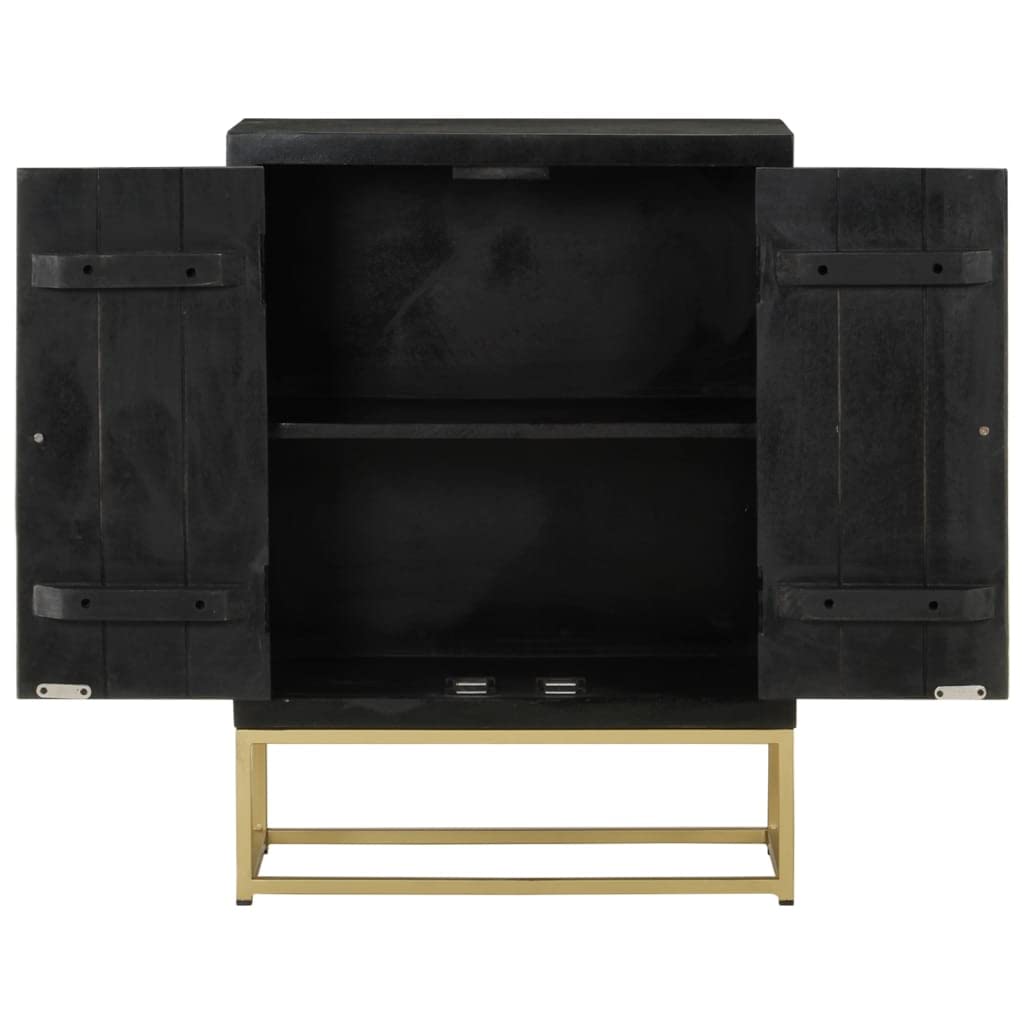 Klasyczny kredens z litego drewna mango z 2 drzwiczkami w kolorze czarno-złotym 55 x 30 x 75 cm – solidne miejsce do przechowywania z 2 półkami i dekoracyjną górną płytą do salonu i jadalni