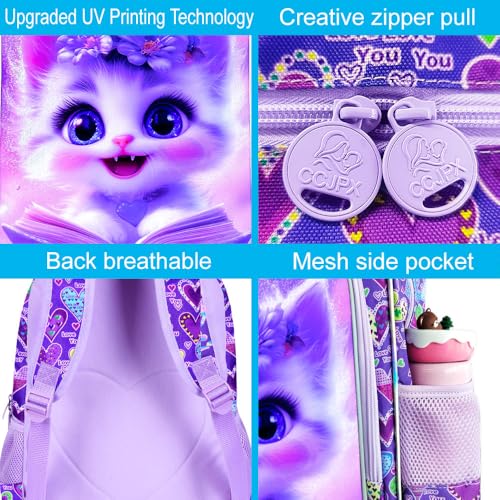 Image of CCJPX 3Pcs Cat Backpack for Girls, 16 inch Kids Bookbag with Lunch Box, Water Resistant Elementary School Bag for Kindergarten Preschool Toddler (Purple)