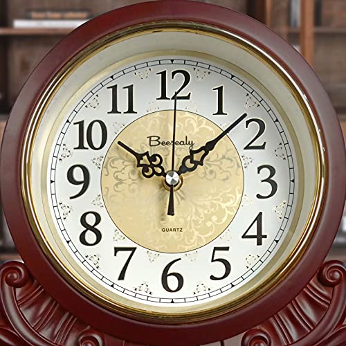 Table Clock, Antique Desk Clock, Modern Quartz Movement-Continuous Scanning (Ultra-Quiet), Suitable For Mantel/Desktop, Living Room Decoration (Maroon) #TOP5