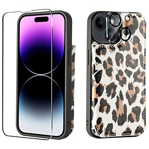 ULuck[5 in 1 for iPhone 14 Plus Wallet Case with Card Holder,2 Screen Protector and Camera Lens Protector,PU Leather Kickstand Case with 5 Card Slot Holder,Double Magnetic Clasp 6.7"[Black leopard] Cover