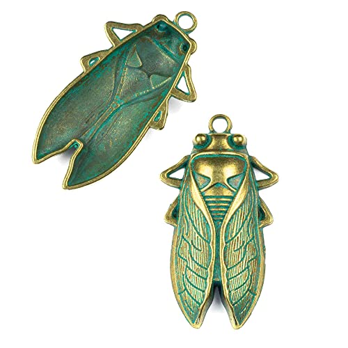 Cherry Blossom Beads Cicada Bug Pendant - 33x61mmmm Green Bronze Patina - 4 per Bag