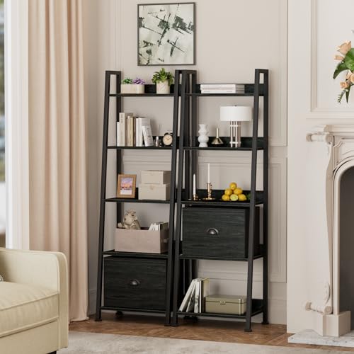Image of Furologee 5-Tier Ladder Shelf, Narrow Ladder Bookshelf with Drawer, 55.6 inchTall Industrial Bookcase Storage Rack Organizer, Freestanding Storage Shelve for Living Room, Home Office, Bedroom, Black Oak