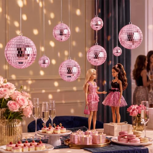 Image of MTLEE 20 Pcs Disco Ball Decor, Pink, 2.4, 2, 1.6, 1.2 Inch | Mirror Balls Ornaments for Weddings, Halloween DIY Bubbling Cauldron, Festivals, Outdoor Events,Hanging with Rope