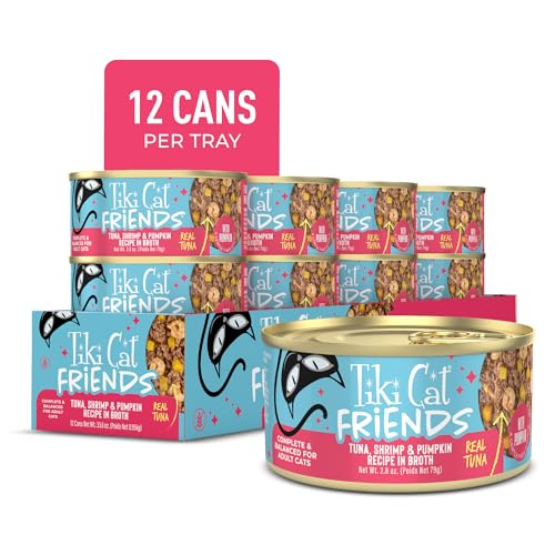 Image of Tiki Cat Friends Tuna, Shrimp & Pumpkin, Grain Free, 2.8 oz. Can, 12 Count | Grain free, high moisture wet cat food for adult cats, gentle fiber from pumpkin, 12 cans per pack